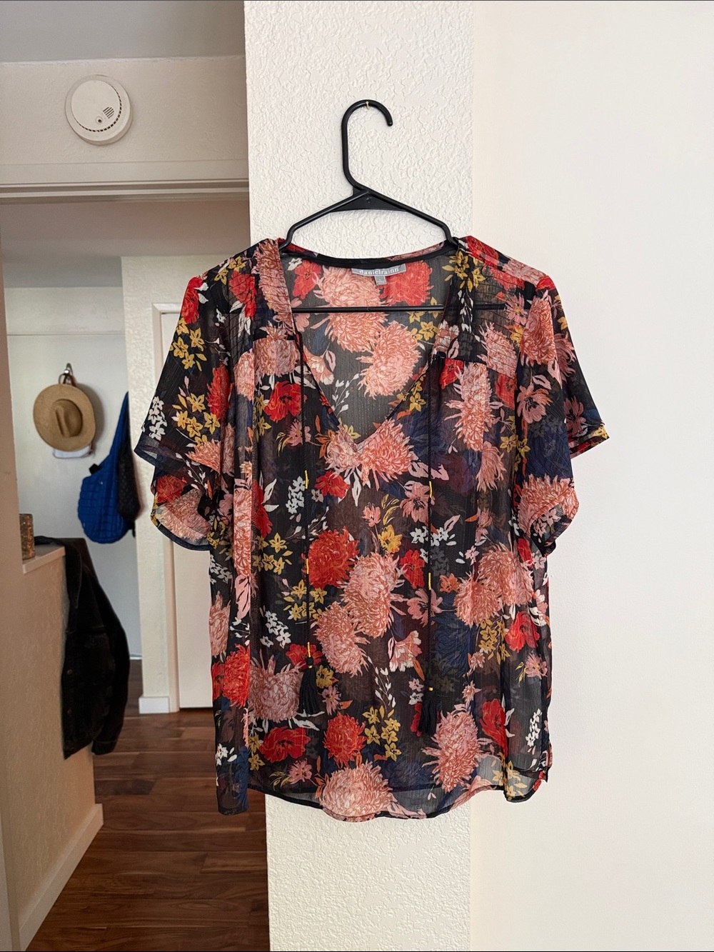 Daniel Rainn Black Sheer Floral V-Neck Blouse with Pink & Red Flowers